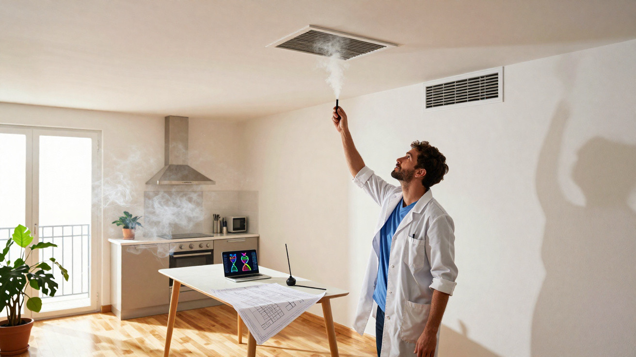 Médico com jaleco a usar spray para verificar qualidade do ar numa divisão luminosa com cozinha e mesa.
