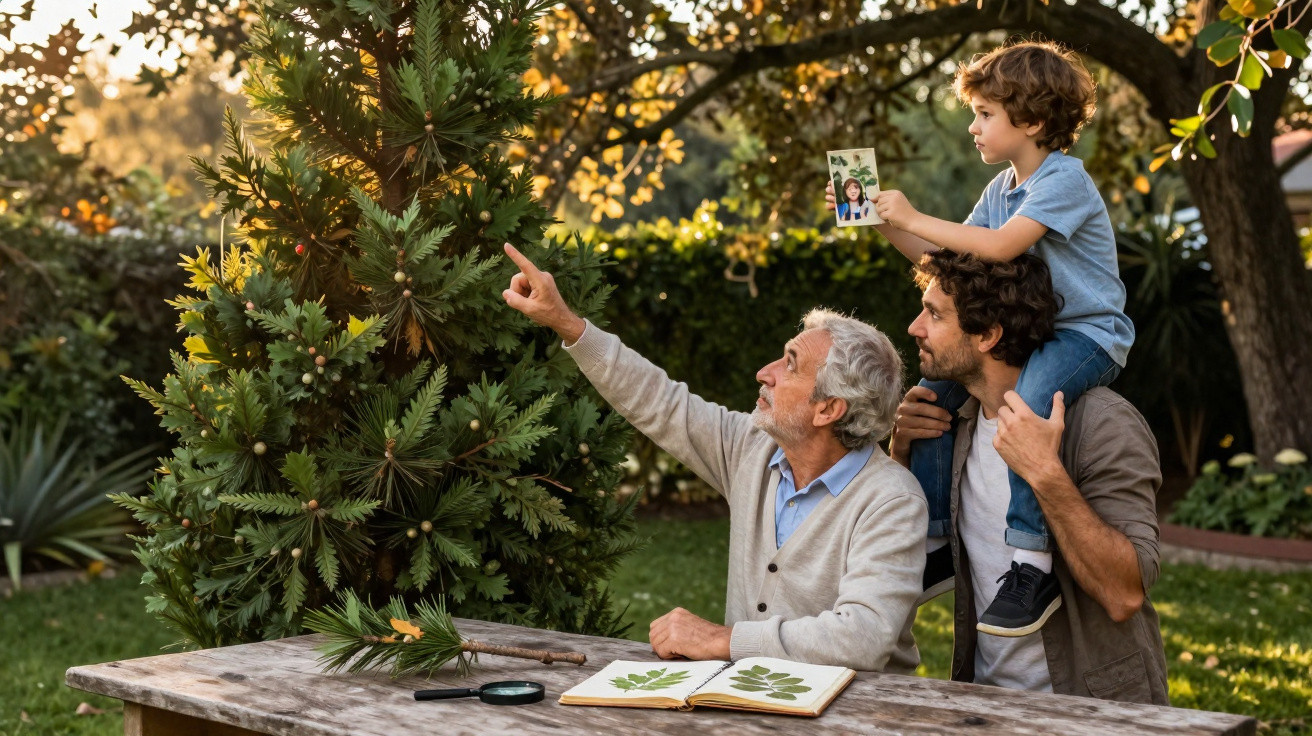 Avô, pai e filho observam e estudam plantas num jardim ao final da tarde.
