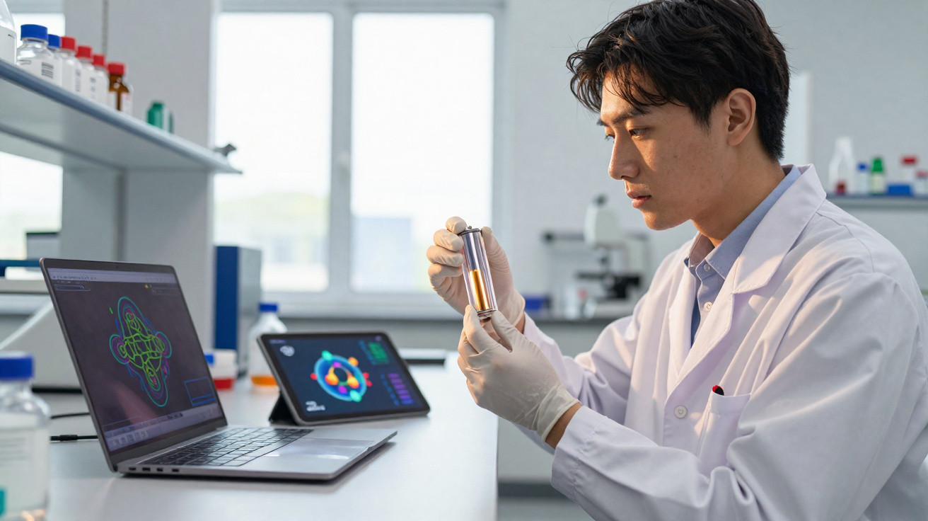 Cientista em laboratório analisa amostra líquida com laptop e tablet mostrando gráficos científicos.