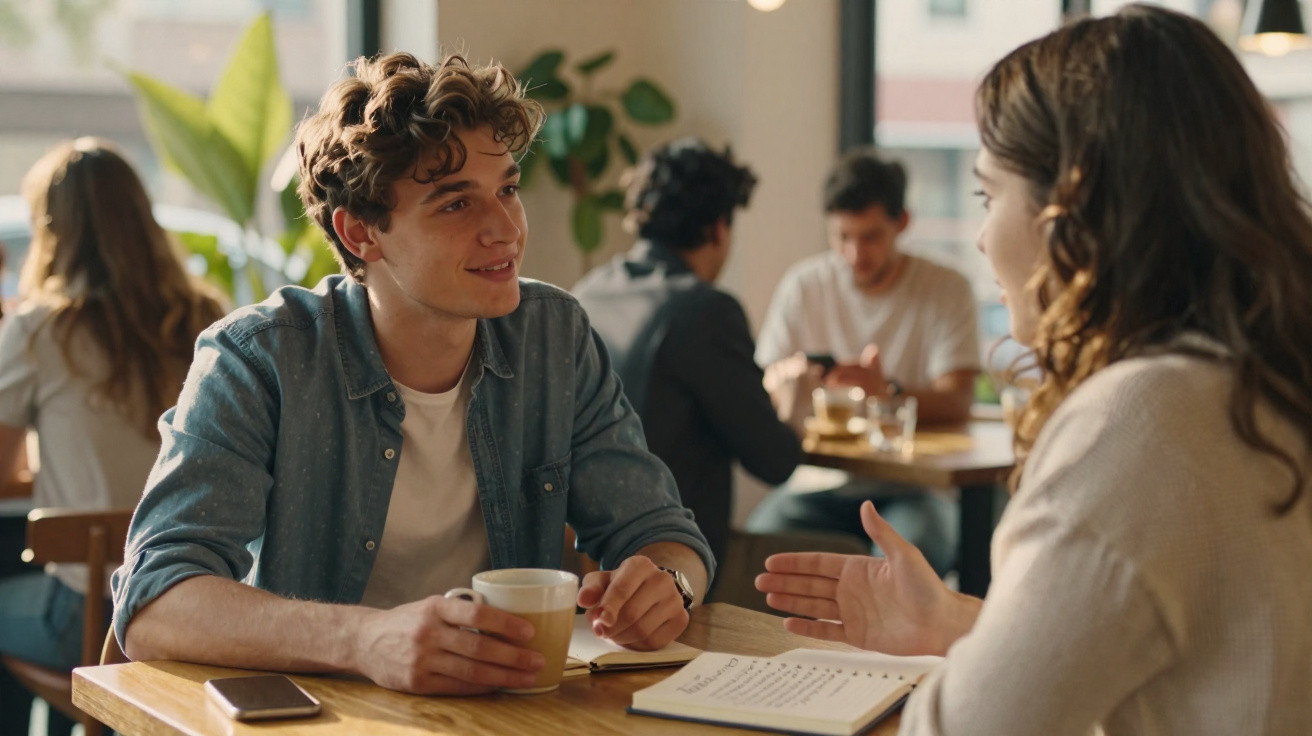 Dois jovens sentados numa mesa de café a conversar, com laptop e caderno à sua frente.