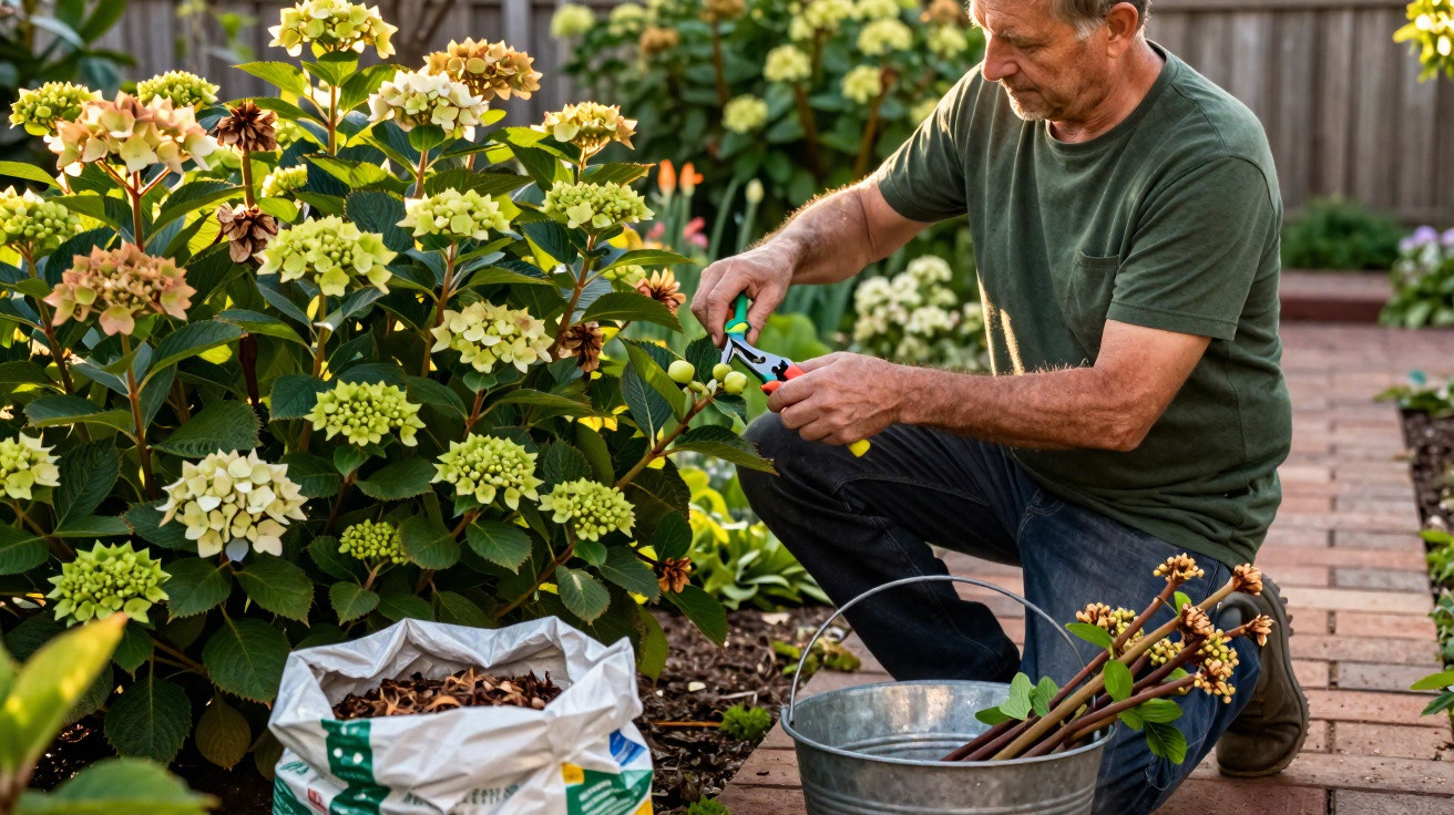 Homem a podar hortênsias num jardim com tesoura de poda, perto de balde e saco de resíduos.