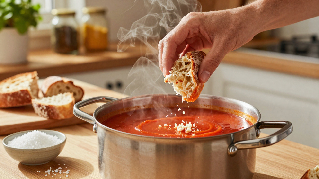 Pessoa a colocar pão numa panela com sopa quente de tomate numa cozinha iluminada.