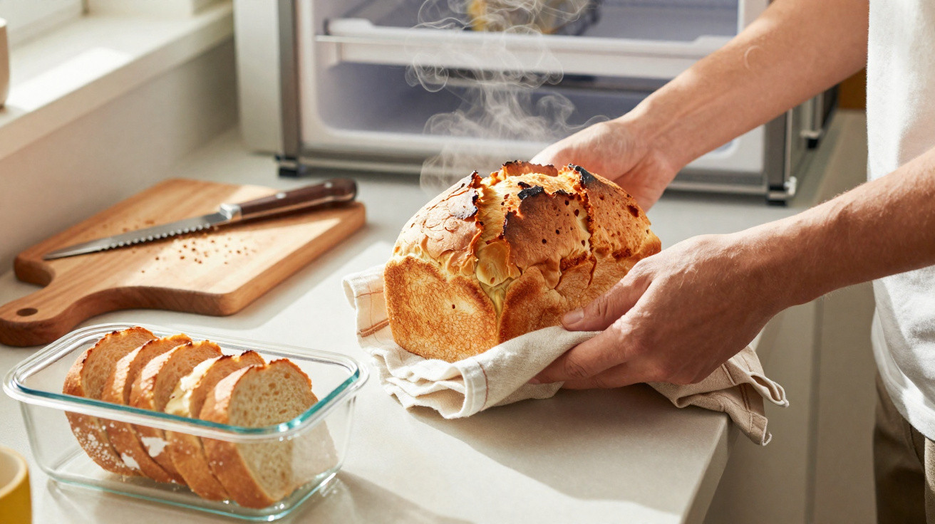 Pessoa a retirar pão acabado de cozer do forno com toalha na cozinha moderna.