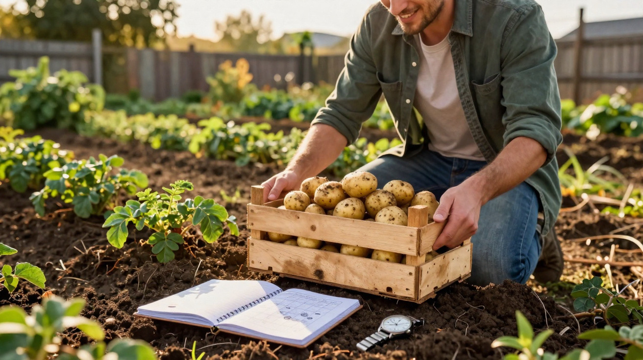 Homem a colher batatas frescas num campo, com caixa de madeira e caderno aberto no chão ao lado.