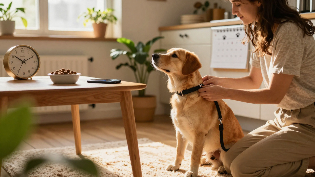 Mulher coloca trela a cão castanho claro numa sala com luz natural e móvel de madeira.