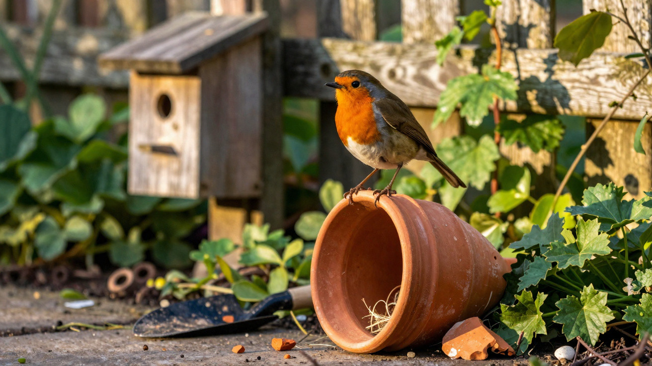 Pássaro com peito laranja pousado em vaso de barro tombado, perto de pá e casa de aves num jardim verde.