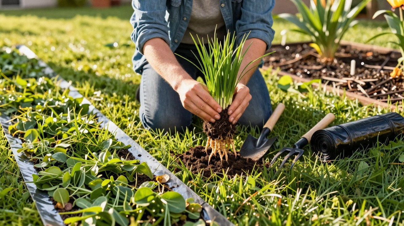 Pessoa a plantar uma muda de planta verde num jardim ensolarado, rodeada de ferramentas de jardinagem.