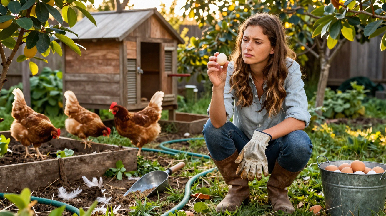 Jovem agricultora observa um ovo recolhido junto ao galinheiro, com três galinhas e utensílios de jardim ao redor.