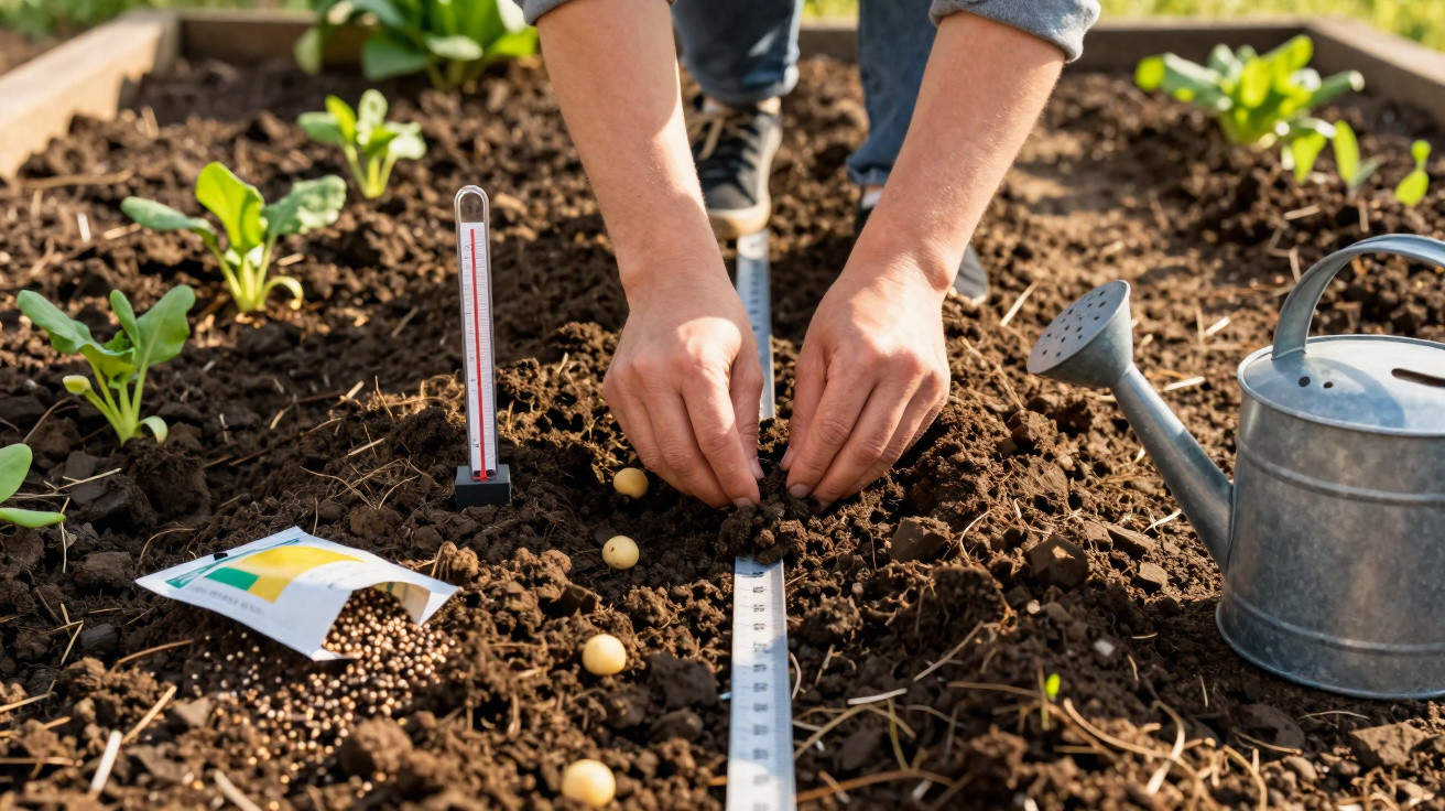 Mãos a plantar sementes em sulcos medidos no solo de uma horta com regador metálico ao lado.