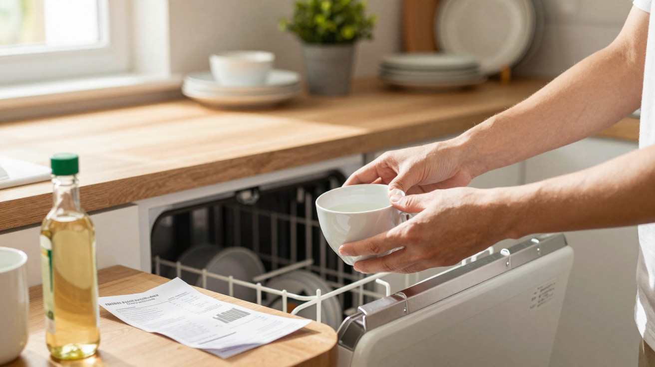 Mãos a colocar uma chávena branca na máquina de lavar loiça numa cozinha iluminada.