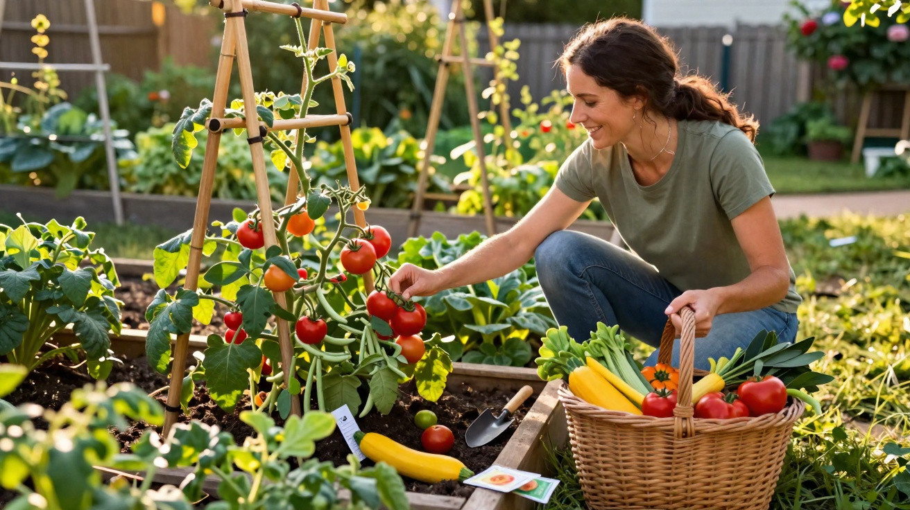 Mulher a colher tomates num jardim, com cesto cheio de legumes variados ao lado.