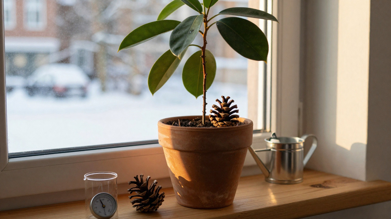 Vaso de barro com planta jovem e pinha, junto a regador pequeno, numa janela com luz solar suave.