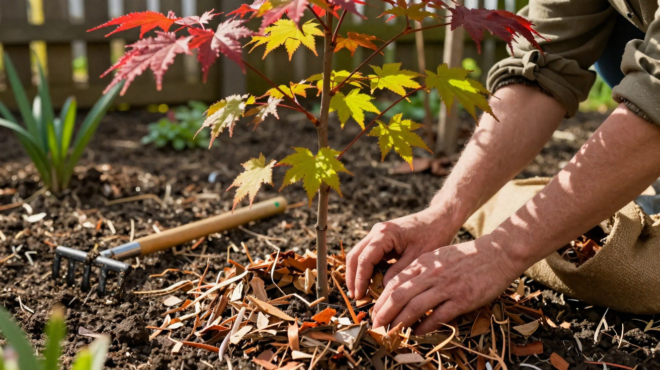Mãos a cuidar de muda de árvore com folhas vermelhas e amarelas num jardim com terra e ferramenta.