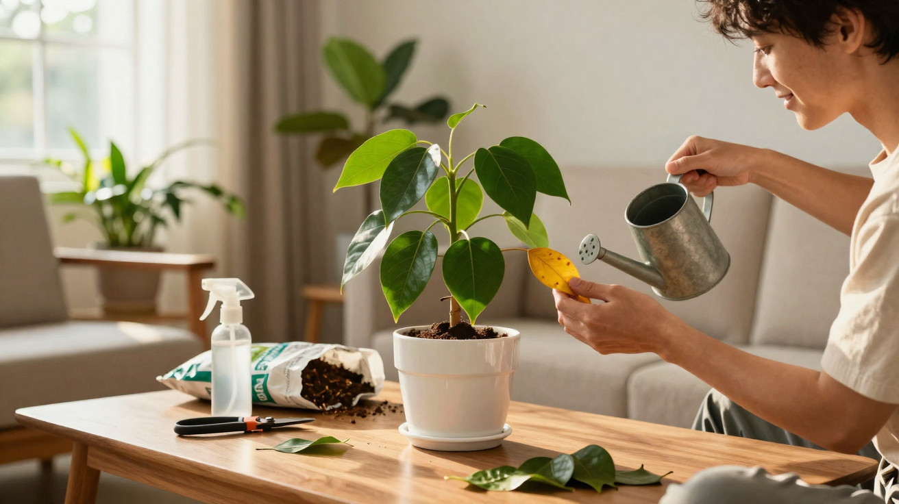 Pessoa a cuidar de uma planta em vaso, removendo folha amarela, com regador e materiais numa mesa de madeira.