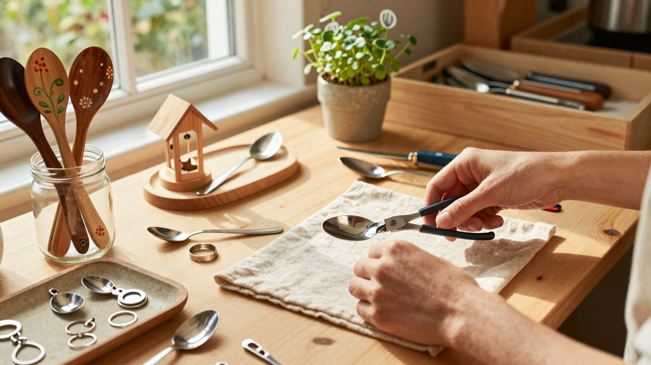 Pessoas cortando cabos de colheres metálicas numa cozinha com plantas e utensílios sobre uma mesa de madeira.