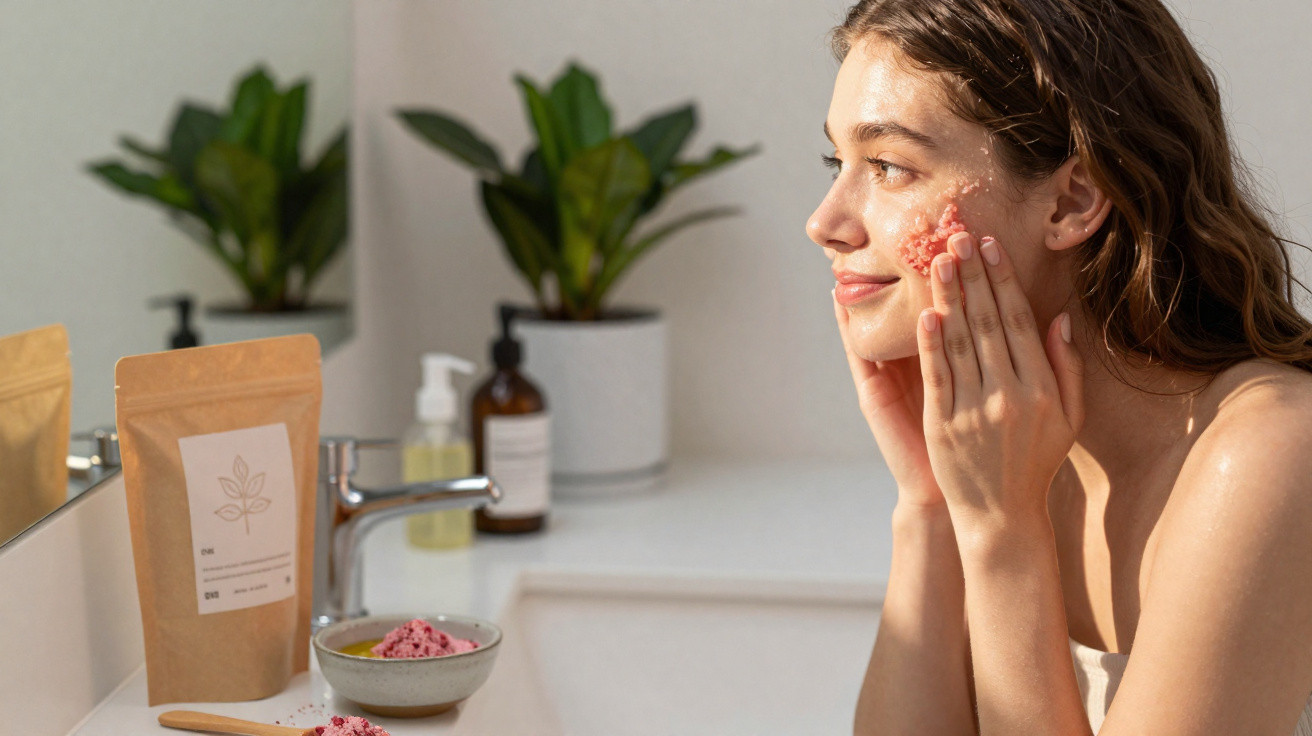 Mulher aplica esfoliante facial rosa no rosto junto a produtos de cuidados de pele numa casa de banho iluminada.