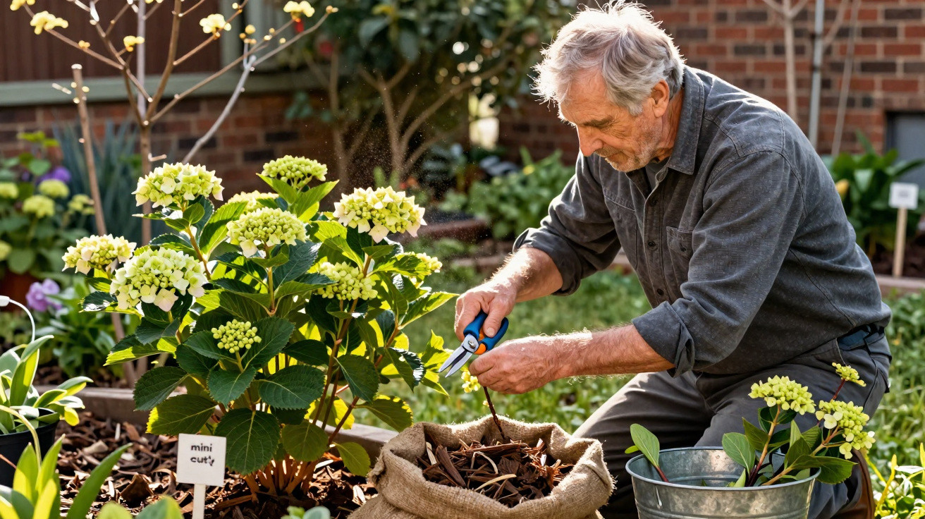 Homem idoso a podar plantas floridas num jardim exterior com luvas de jardinagem.