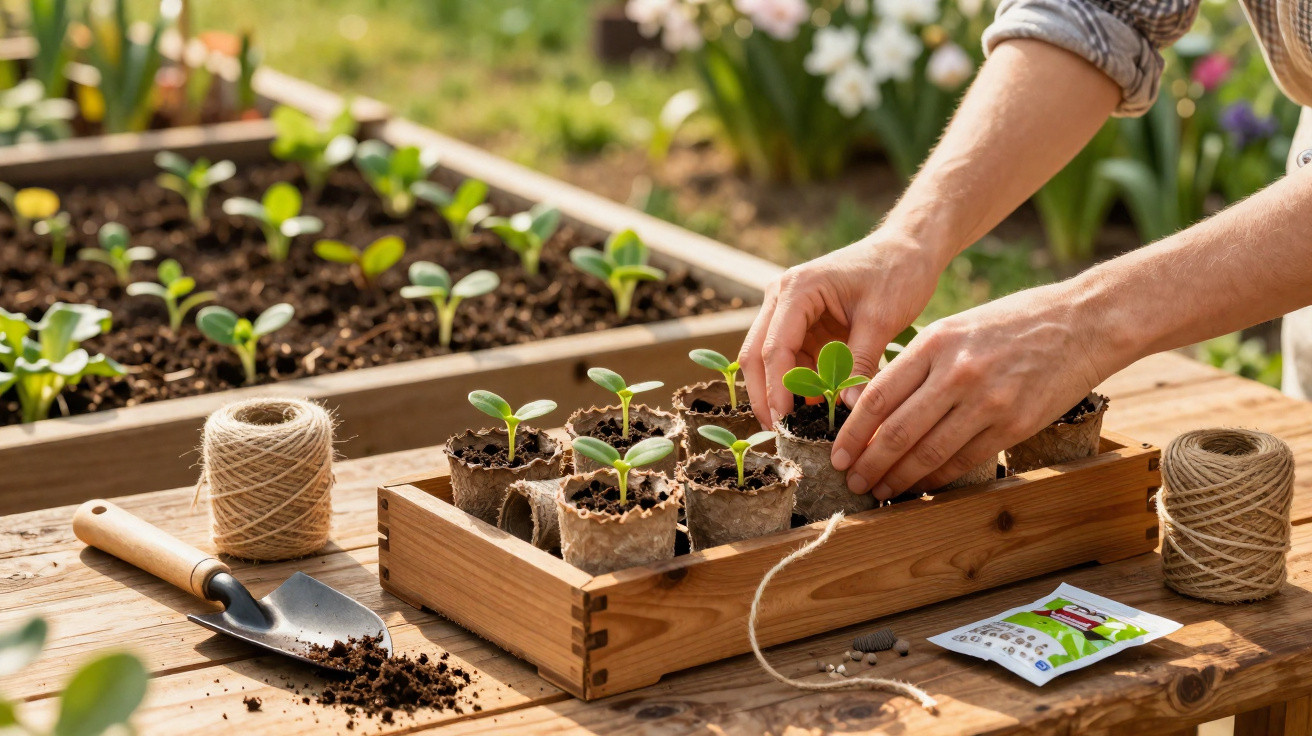 Mãos a transplantar pequenas plantas em vasos biodegradáveis numa mesa de madeira ao ar livre.