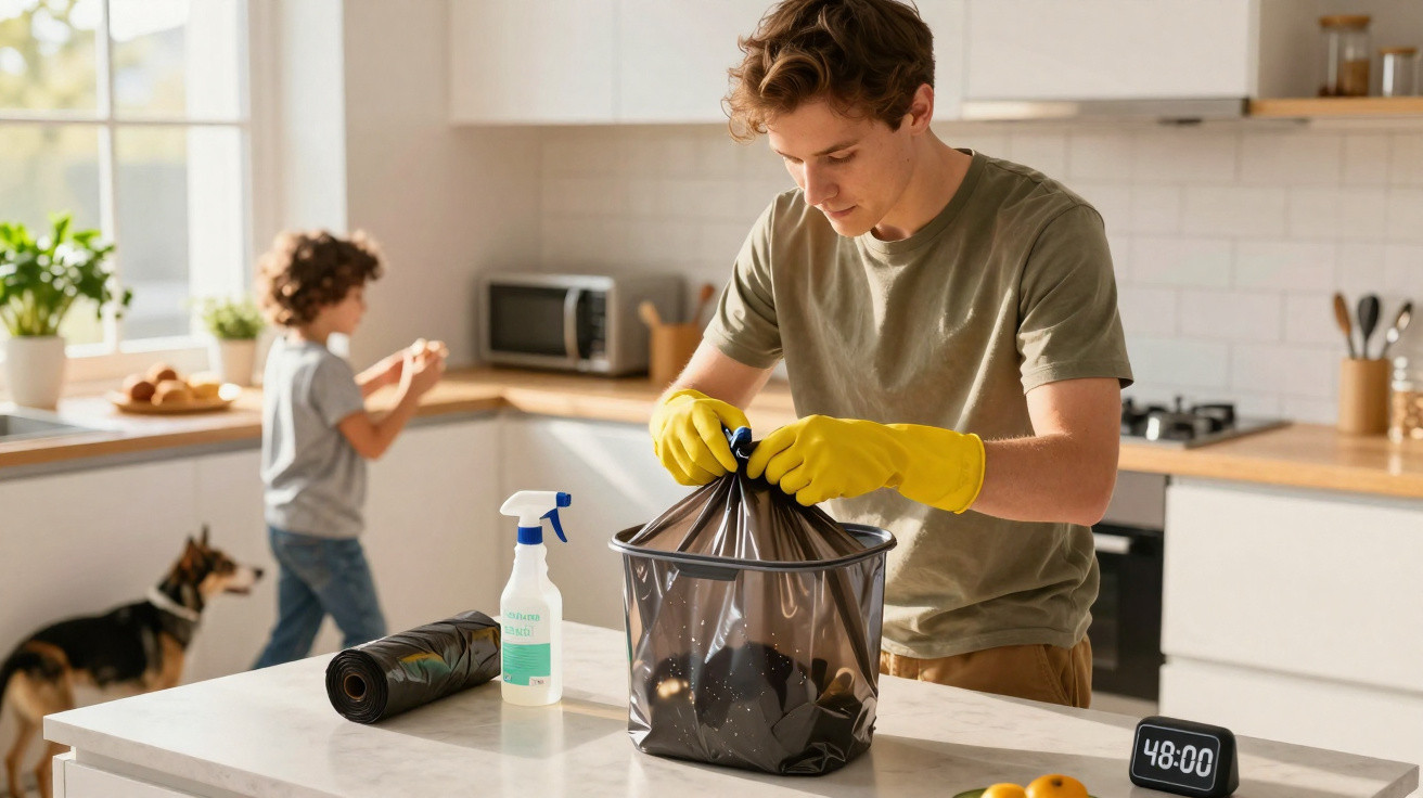 Homem com luvas amarelas a fechar saco do lixo na cozinha, criança e cão ao fundo.