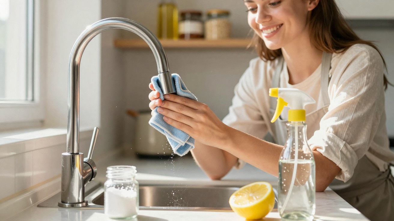 Pessoa a limpar uma torneira de cozinha com um pano, com limão e spray de limpeza na bancada.