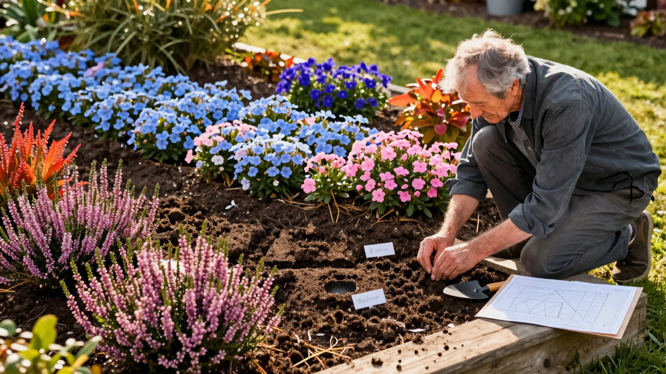 Homem idoso a plantar flores num jardim florido com plantas marcadas e planificação no chão.