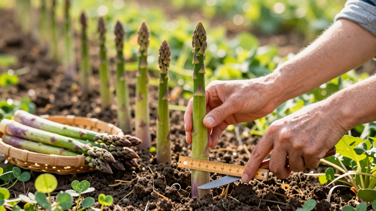 Pessoa a medir e colher espargos verdes frescos num campo agrícola ao amanhecer.