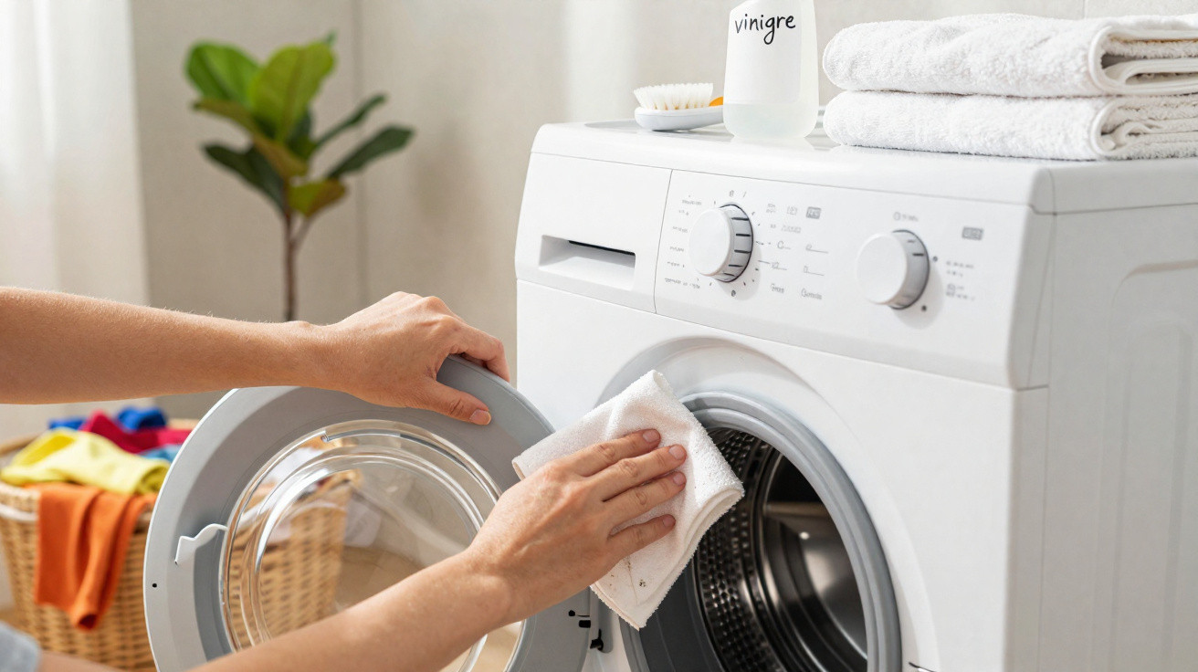 Pessoa a limpar o interior de uma máquina de lavar roupa com um pano branco numa casa bem iluminada.