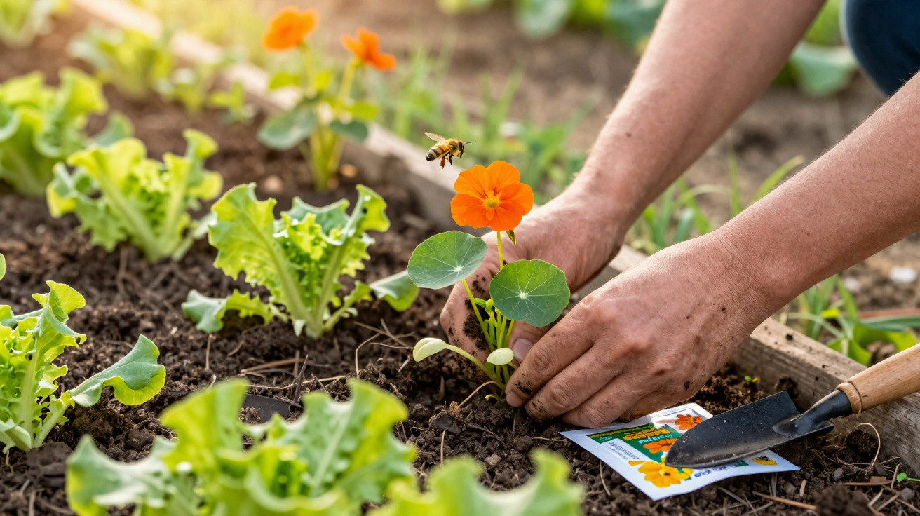 Mãos a plantar flor laranja numa horta com verduras e ferramentas de jardinagem.