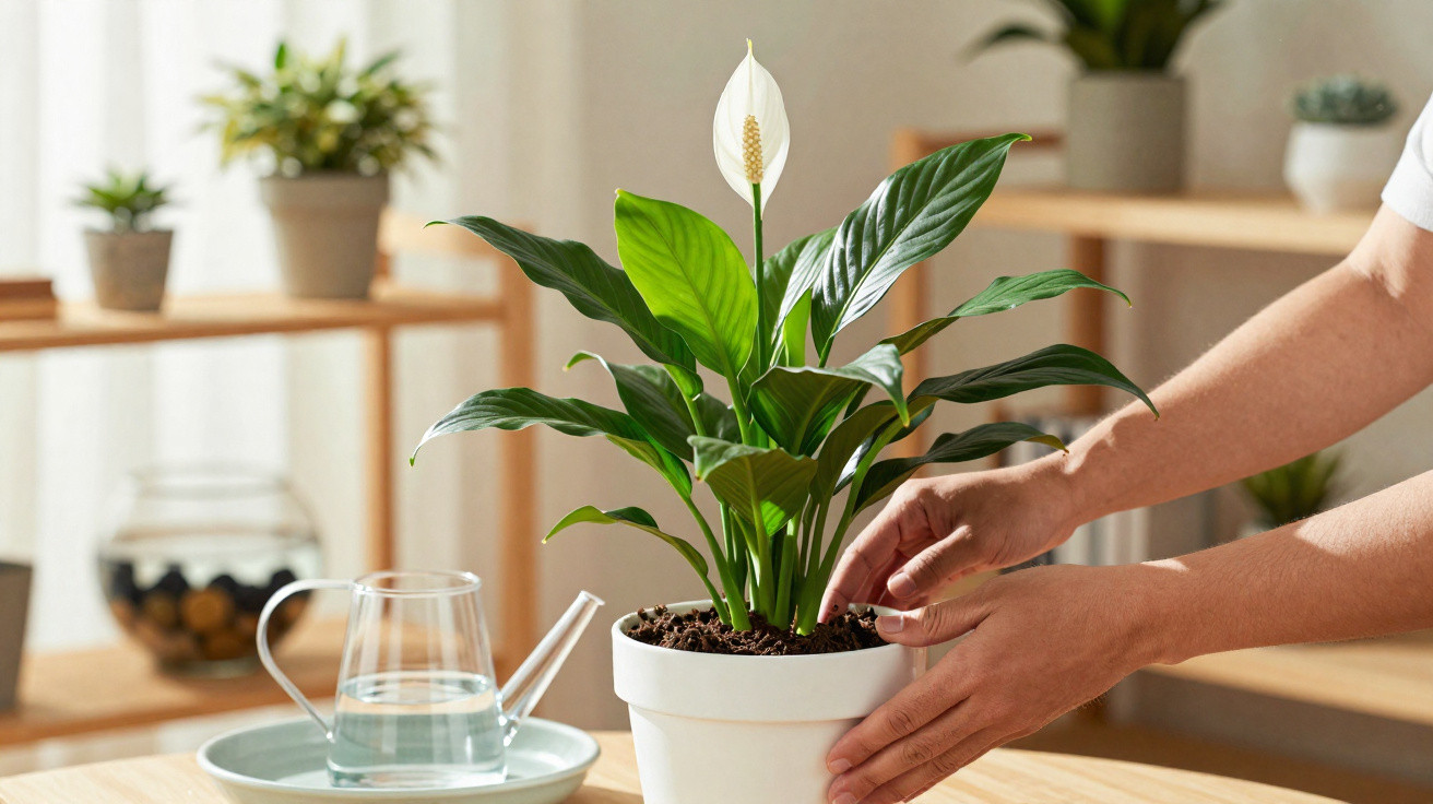 Planta espada-de-são-jorge numa jarra branca, com mão a cuidar do solo, num interior iluminado.