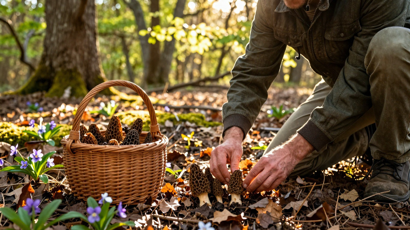 Pessoa apanha cogumelos maisla no bosque entre folhas secas e flores violeta, com cesta de vime ao lado.