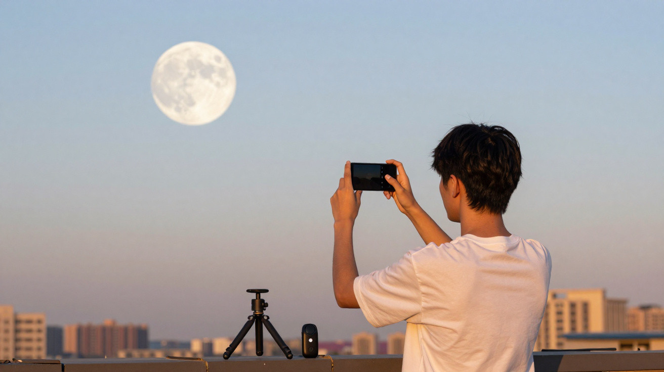 Jovem a fotografar a lua cheia ao pôr do sol num terraço com smartphone e tripé na mão.