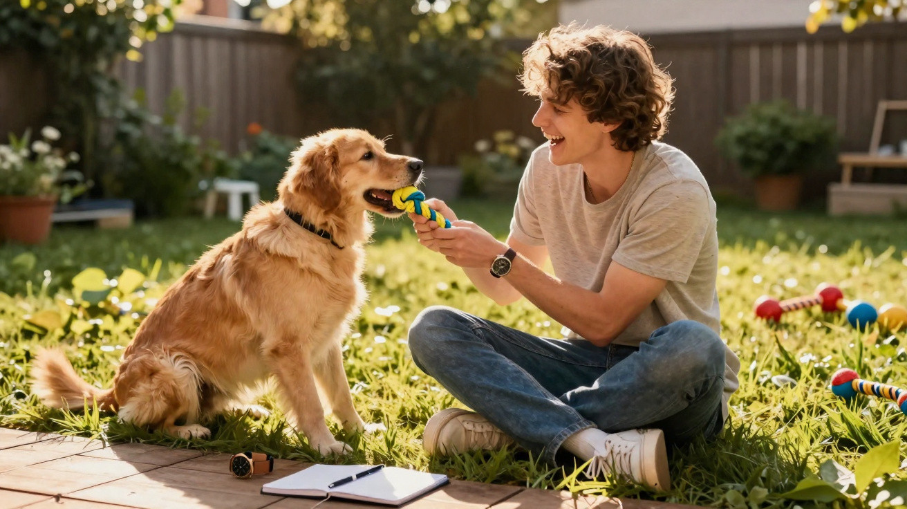 Jovem sentado na relva a brincar com um cão golden retriever usando um brinquedo colorido.