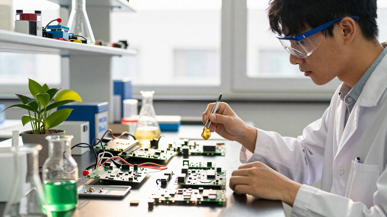 Jovem com óculos de proteção trabalha em circuitos eletrónicos num laboratório, ajustando componentes com pinças.