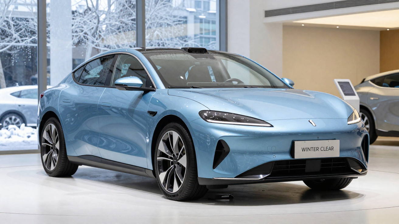 Carro eléctrico azul moderno exposto numa sala com chão branco e grandes janelas de vidro.