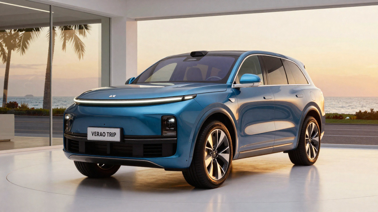 Carro SUV eléctrico azul estacionado em interior moderno com vista para palmeira e mar ao pôr do sol.