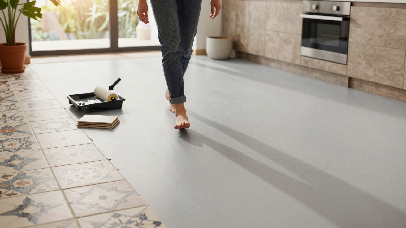 Pessoa descalça a pisar no chão novo cinzento numa cozinha com azulejos antigos e tintas no chão.