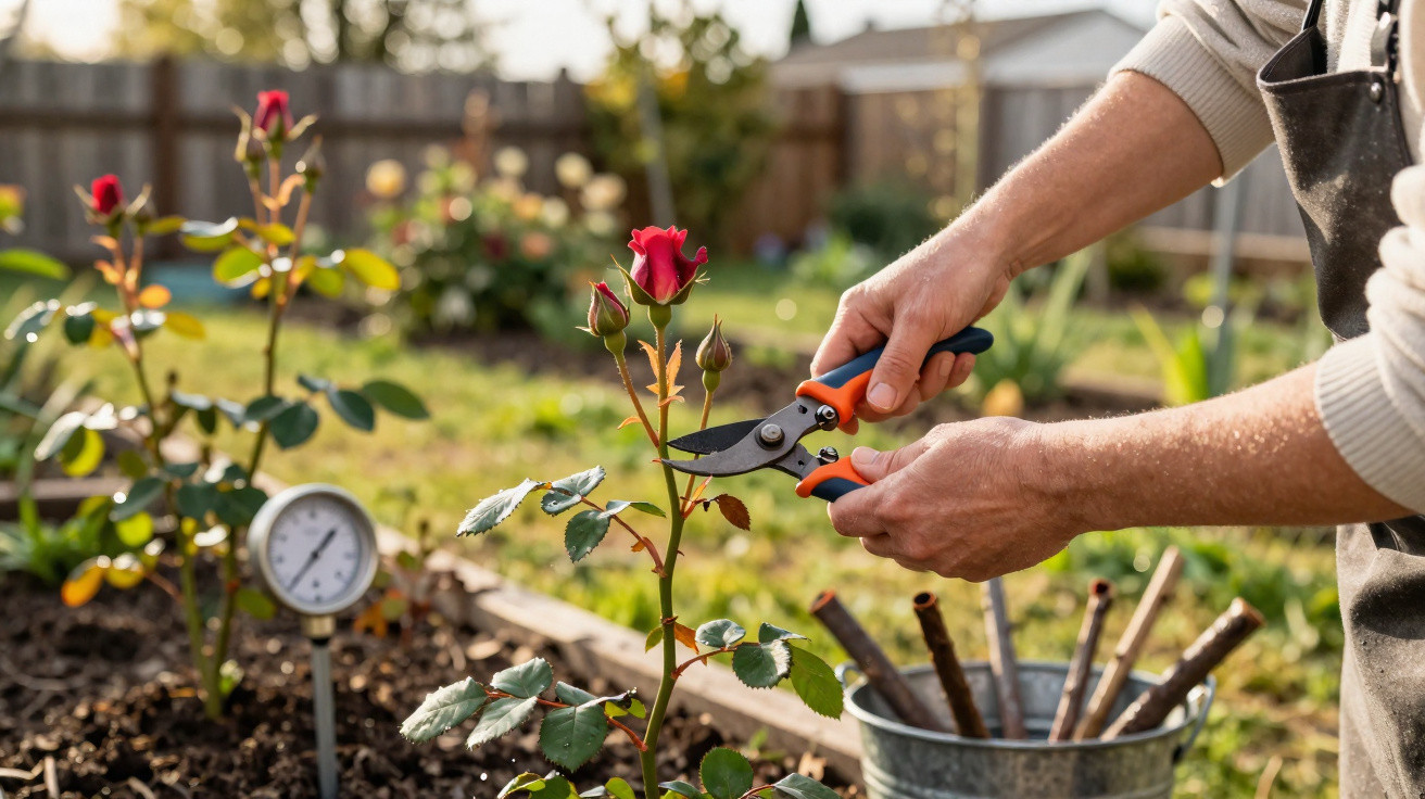 Pessoa a podar um botão de rosa vermelho num jardim com tesoura de poda vermelha e preta.