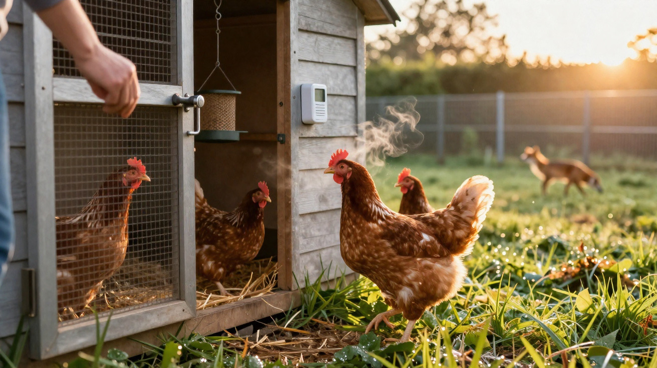 Pessoas a alimentar galinhas junto a um galinheiro em campo com luz de pôr do sol.
