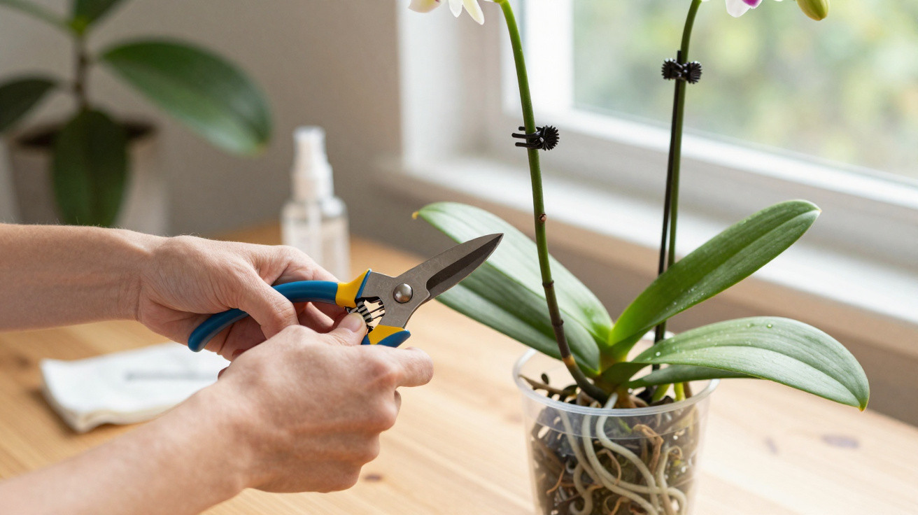 Pessoa a cortar suporte metálico de orquídea com tesoura perto de janela, em ambiente interior.