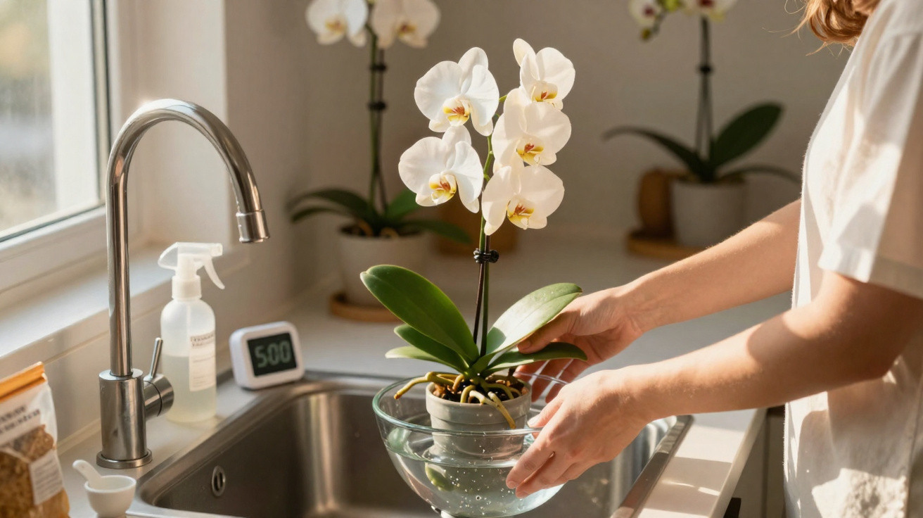 Pessoa a cuidar de orquídea branca numa bacia de vidro na pia da cozinha iluminada pelo sol.