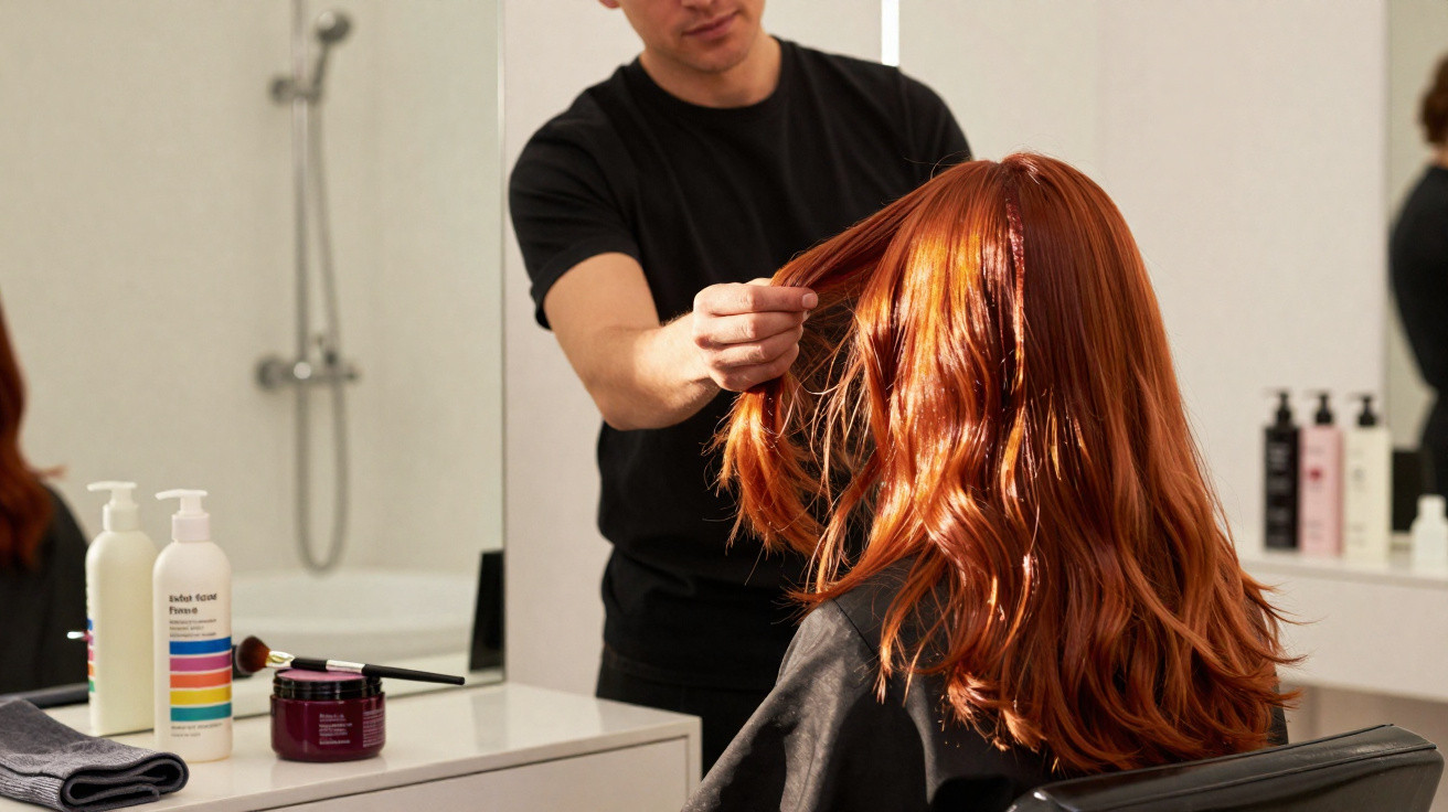 Cabeleireiro arruma cabelo ruivo ondulado de cliente sentada de costas em salão.