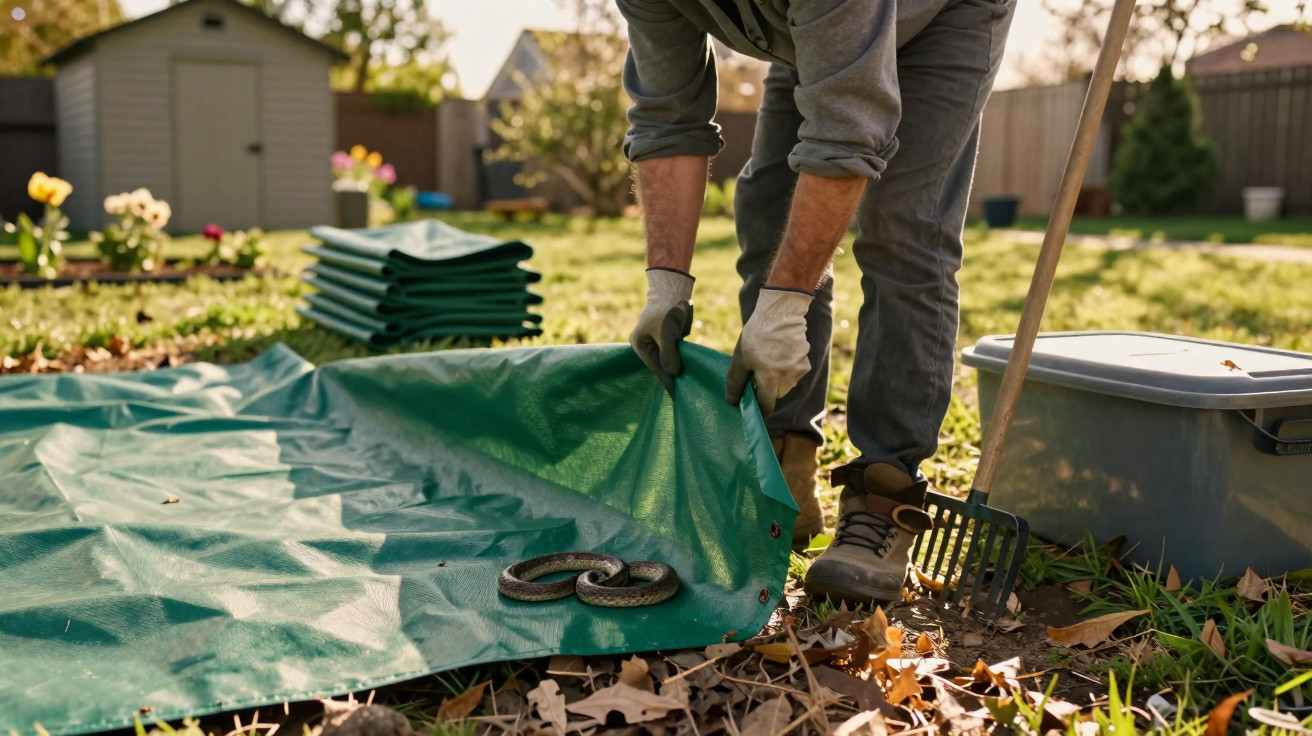 Pessoa a apanhar cobra numa área ajardinada com folhas secas e utensílios de jardinagem espalhados.