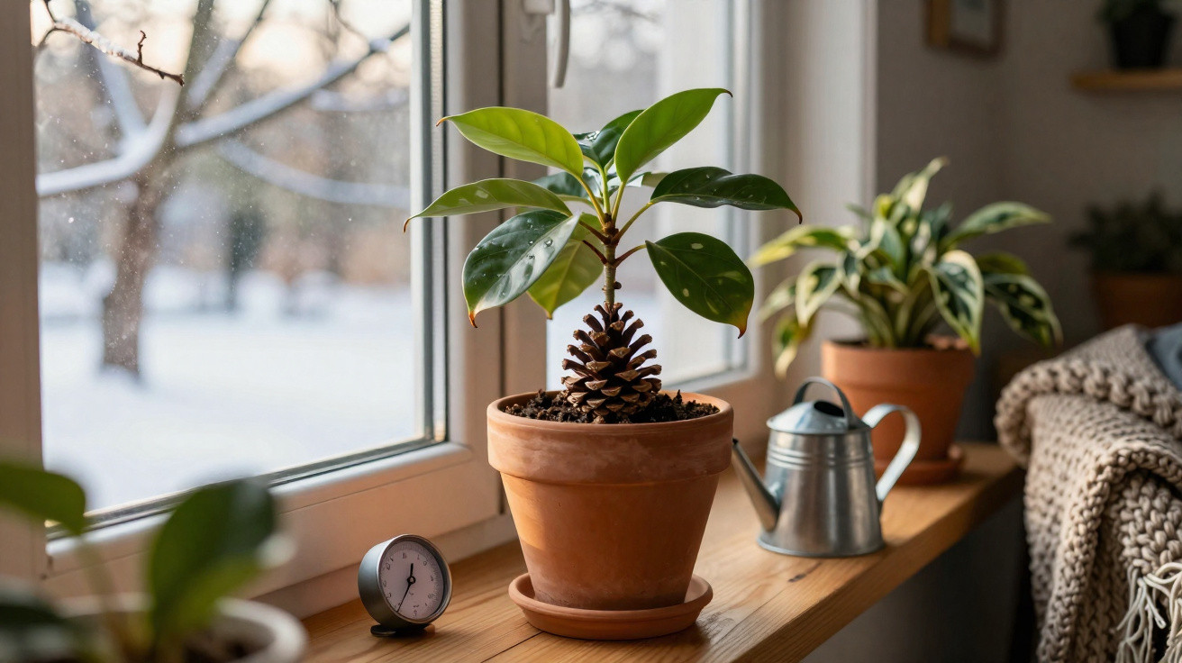 Vaso com planta pequena tipo pinheiro decorado com pinha numa janela com vista para neve.