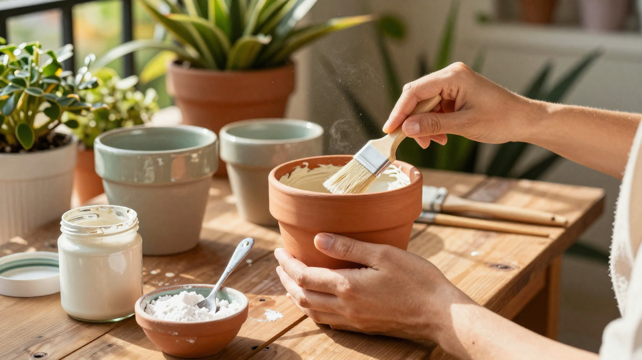 Pessoa a pintar um vaso de barro com pincel num ambiente com várias plantas e vasos.