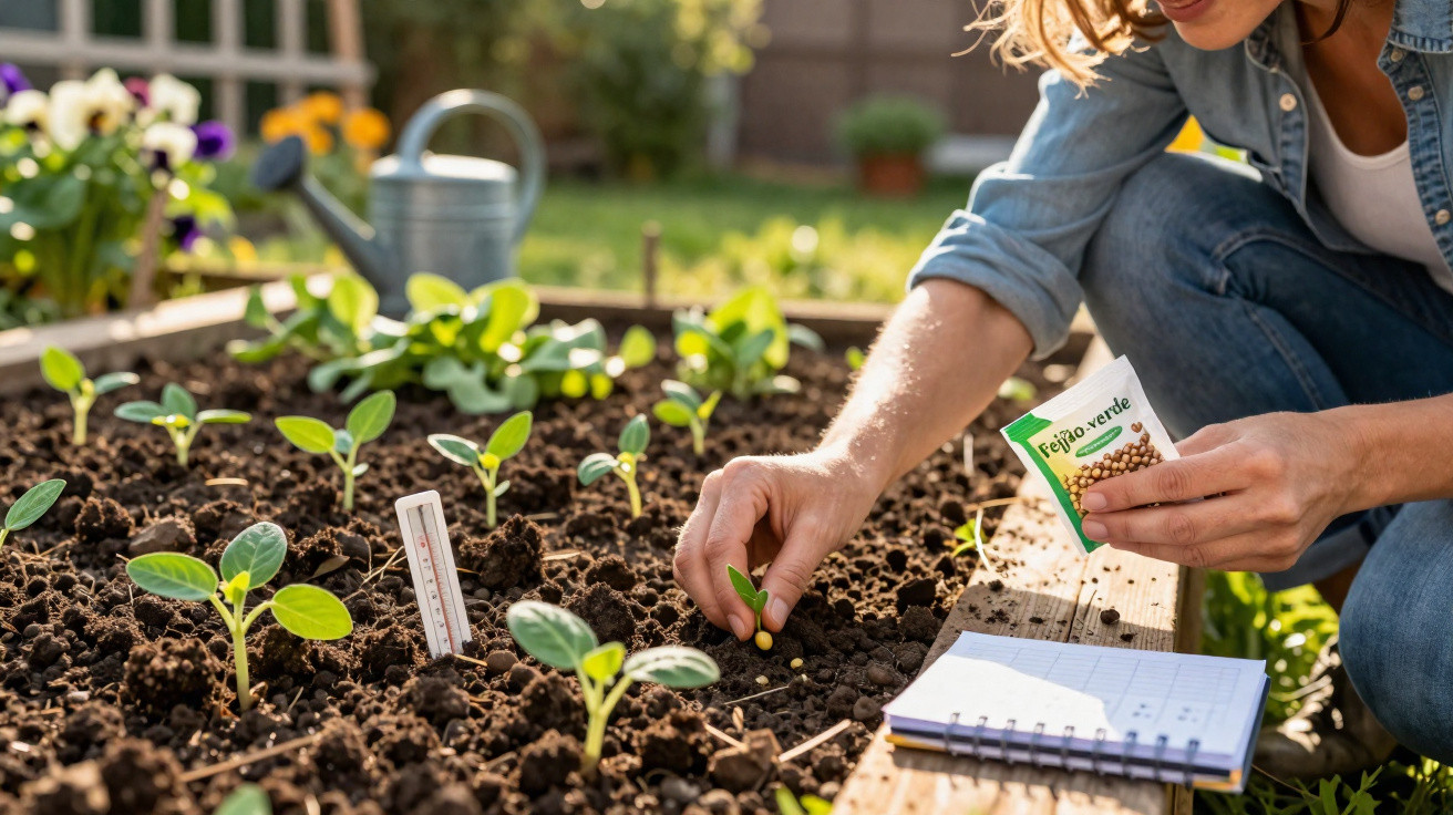 Mulher a plantar sementes num canteiro de terra com caderno, regador e flores ao fundo.