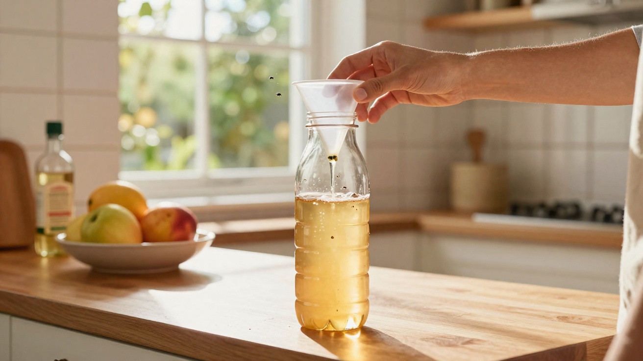 Pessoa a usar funil para colocar líquido dentro de uma garrafa na cozinha com frutas ao fundo.