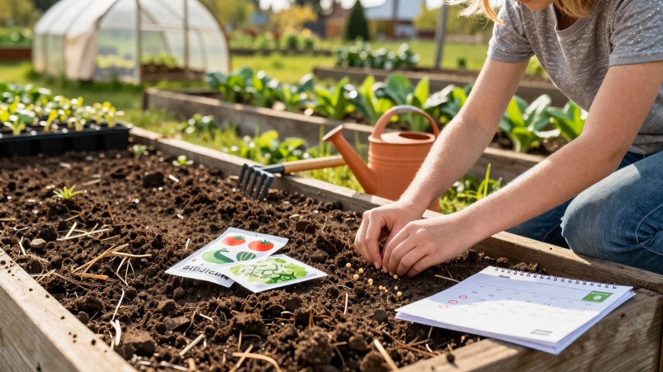 Criança a semear sementes numa horta com etiquetas de vegetais e calendário aberto para abril.