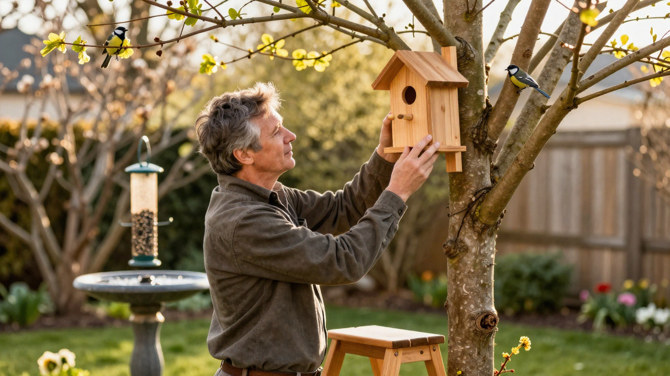 Homem a instalar uma casa de pássaros numa árvore florida num jardim com fonte e alimentador para pássaros.