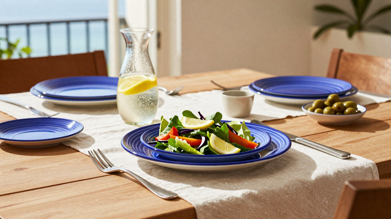 Mesa de madeira posta com prato de salada, jarra com água e limão, e prato com azeitonas.