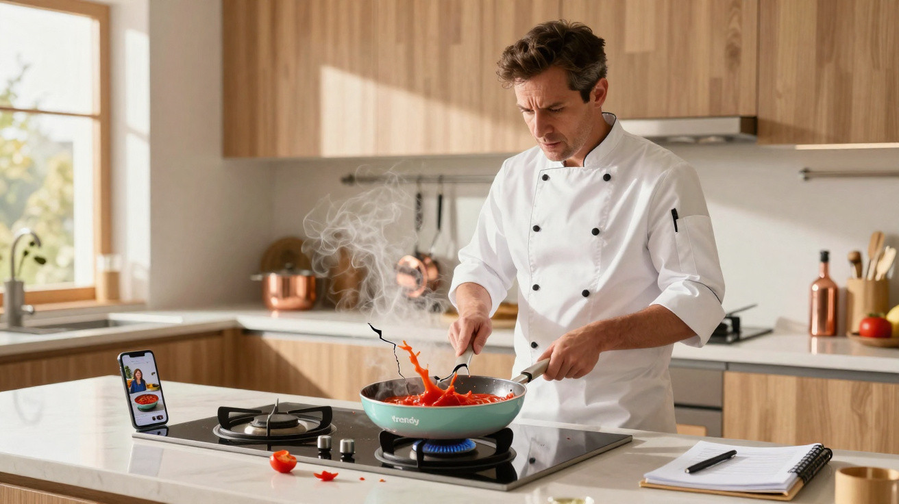 Cozinheiro profissional em cozinha moderna a preparar molho de tomate num fogão a gás.